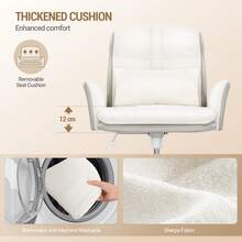 HaluPeit Dressing Table Chair With Backrest, Swivel Chair With Rocking Function, Home Office Chair Made Of Ventilated Sherpa Fabric And PU Leather, Suitable For Bedroom, Office And Living Room, Beige-White - 米白色 - 查看 2