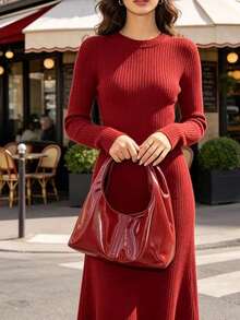 Women's Fashion Solid Color PU Leather Handbag, Versatile For Party, Street, Travel - Red - View 5