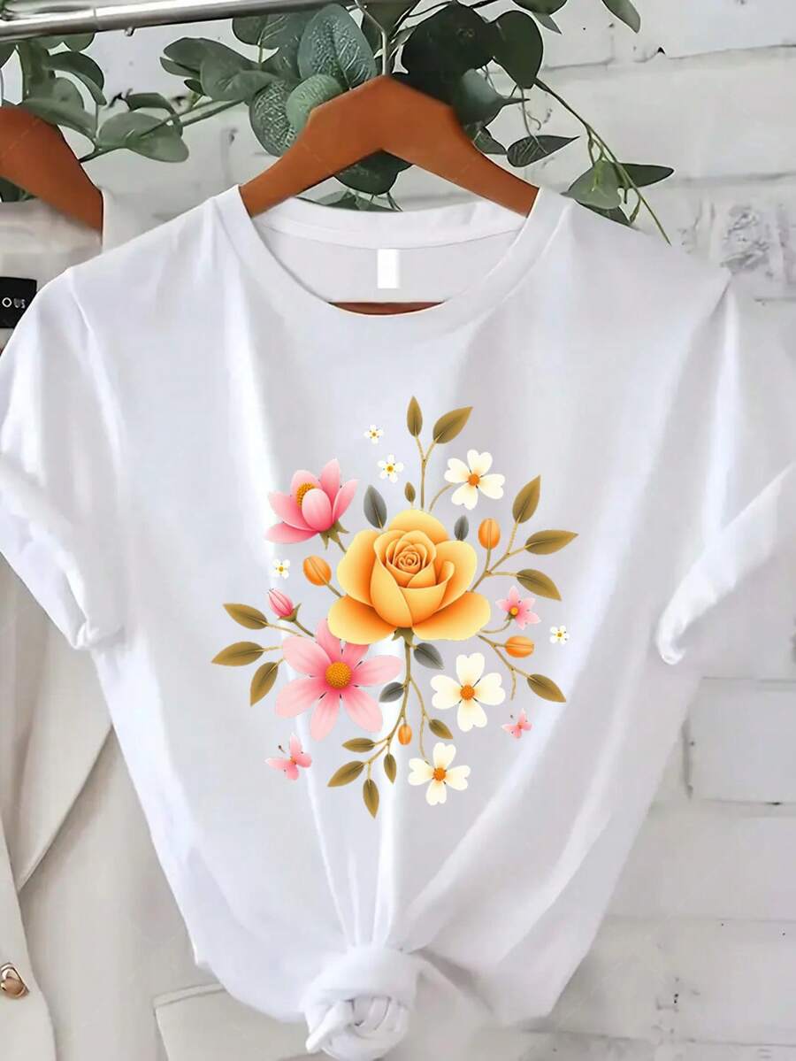 Women's Plus Size Classic T-Shirt - Floral Print T-Shirt - Women's Casual Summer Top - Butterfly Design - Bohemian Style - Black Crew Neck T-Shirt - Short Sleeve Printed Crew Neck T-Shirt, Suitable For Summer/Autumn Wear - Best Seller - 白色 - 查看 1