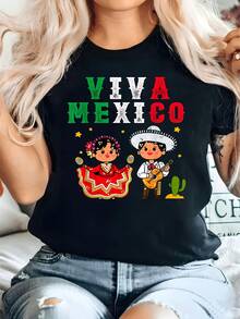 Camiseta de manga corta con cuello redondo para mujer, talla, edición limitada, con estampado artístico divertido de carnaval mexicano, corte holgado, algodón ligero. - Negro - Ver 7
