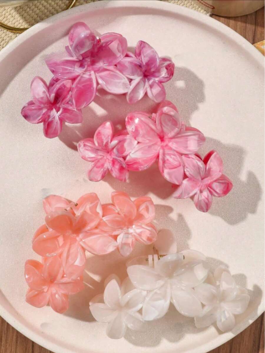 1個/4個裝 ABS材質 春夏款 粉色優雅大理石漸層三角梅花拼接髮夾,波西米亞風海灘馬尾&髮髻度假用抓夾髮飾 - 彩色 - 查看 1