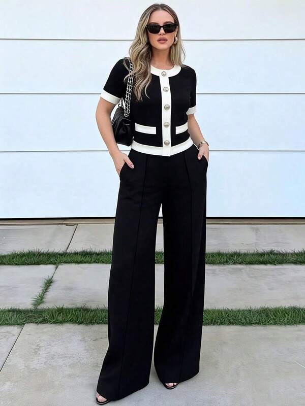 Women's New Black & White Color Block 2 Pieces Set, Elegant Short Sleeve Top + Black High Waist Wide Leg Pants, Professional Business Formal Outfit, Summer Outfits