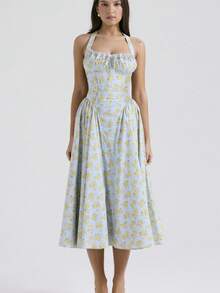 Vestido largo tirantes ajustable con estampado elegante estilo europeo - Verde Pastel - Ver 9