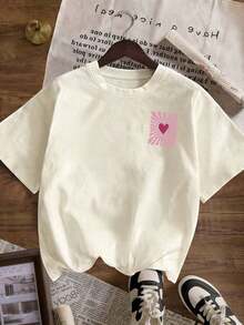 Camiseta de manga corta con cuello redondo y estampado de corazones y rayas.Camiseta de manga corta con cuello redondo, estilo casual y minimalista para mujer, con un diseño lindo, corte holgado, ideal para uso diario y vacaciones.Verano - Albaricoque - Ver 9