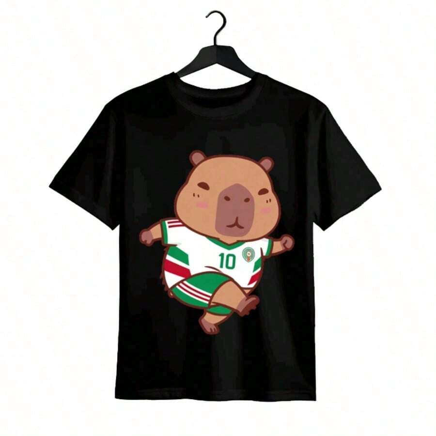 Tops para mujer de algodón para mujer con estampado de lindo capibara jugador de fútbol, manga corta, corte regular, cuello redondo, top casual de verano, ropa de verano para mujer, ropa de vacaciones para mujer, tops para mujer, tops y conjuntos de verano, ropa de verano, regalos de Pascua, regalos para la Copa Mundial 2026. - Negro - Ver 1