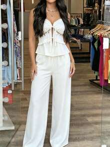 Conjunto de 2 piezas de Mujer de Camisola con Volantes y Lazos Blancos + Pantalones de Pierna Ancha, Conjunto Casual y Elegante de Verano para Vacaciones - Blanco - Ver 4