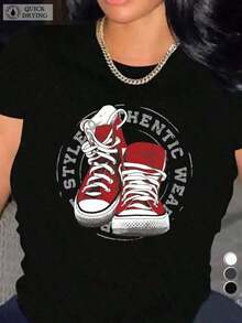 Tops para mujer Casual de Algodón para Mujer, Cuello Redondo, Manga Corta, con Estampado de Zapatillas, para Estilo Urbano y Atuendos Cotidianos - Negro - Ver 1
