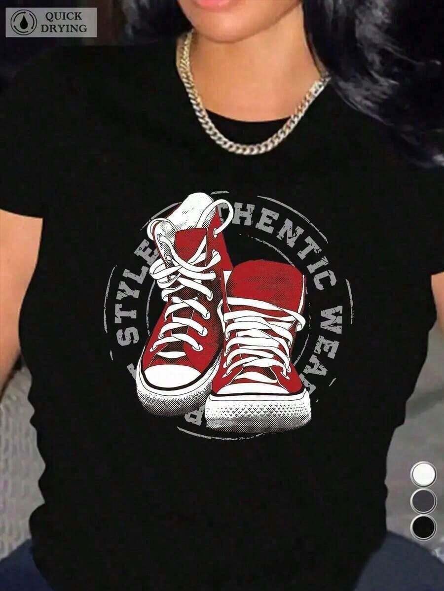 Tops para mujer Casual de Algodón para Mujer, Cuello Redondo, Manga Corta, con Estampado de Zapatillas, para Estilo Urbano y Atuendos Cotidianos - Negro - Ver 1