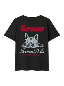 Women's Summer T-Shirt, American Vintage Style, Cream Color, With French Bulldog Print, Loose Fit, Versatile, Short Sleeve, Casual, White - 黑色 - 查看 4