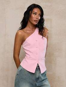 Blazer informal sin mangas de color albaricoque para mujer, conjunto de verano versátil - Rosa - Ver 5