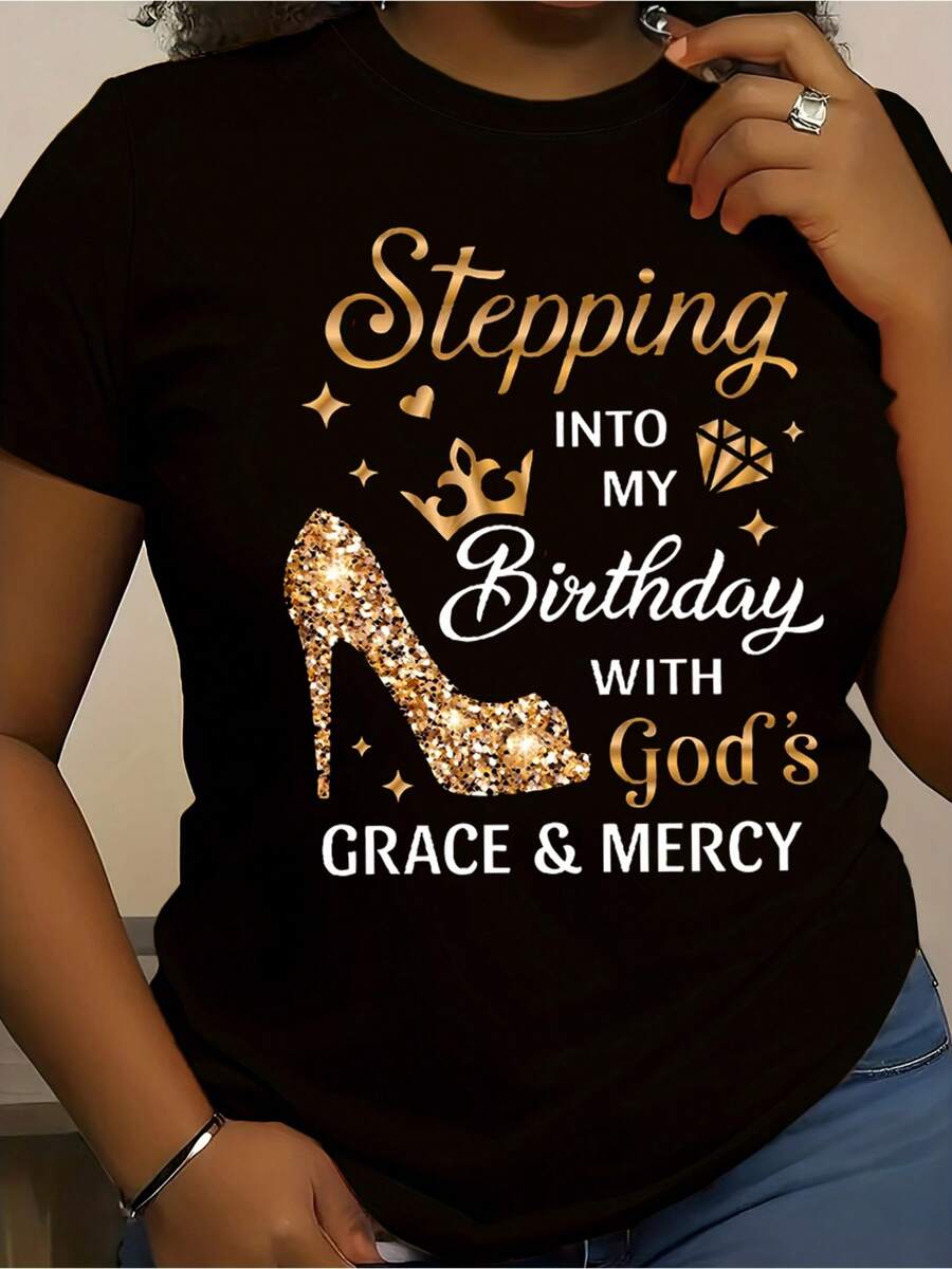 Women's Birthday Celebration T-Shirt - Sparkling Gold Text: "Celebrating My Birthday With God's Grace And Mercy" - Casual White T-Shirt For Everyday Wear And Parties - Comfortable Women's T-Shirt For All Seasons - Birthday Party Outfit Idea, Festive Wear, Fun Design, Breathable Material, Eye-Catching T-Shirt, For Fashion Lovers, Casual Short Sleeve Crew Neck T-Shirt, Fashionable Women's Clothing For All Seasons - 黑色 - 查看 1