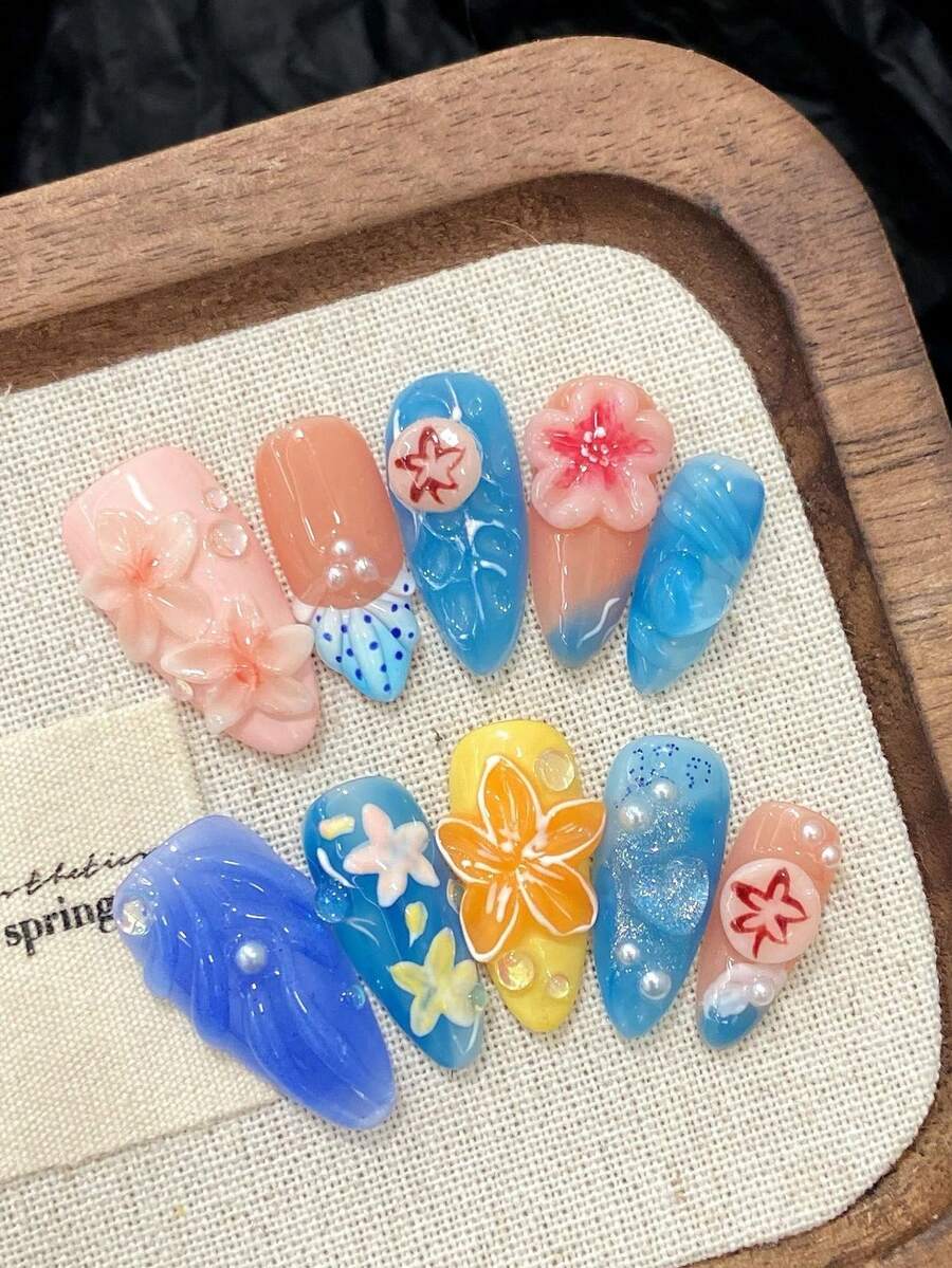 10片/套 美甲贴片,欧美立体雕刻图案,水母,夏日海洋风格,立体感,高端质感,全手工制作,可佩戴美甲。 - 藍色 - 查看 1