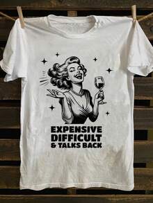 Camiseta Vintage para Mujer - Lema Atrevido Expensive Difficult Talks Back y Gráfico Retro de Mujer Pin-Up - Camiseta Blanca con Cuello Redondeado - Corte en Silueta H - Atuendos Casuales para el Día a Día y Fiestas - Ropa de Inspiración Moderna de Mediados de Siglo - Tops de Gimnasio para Mujer - Blanco - Ver 1