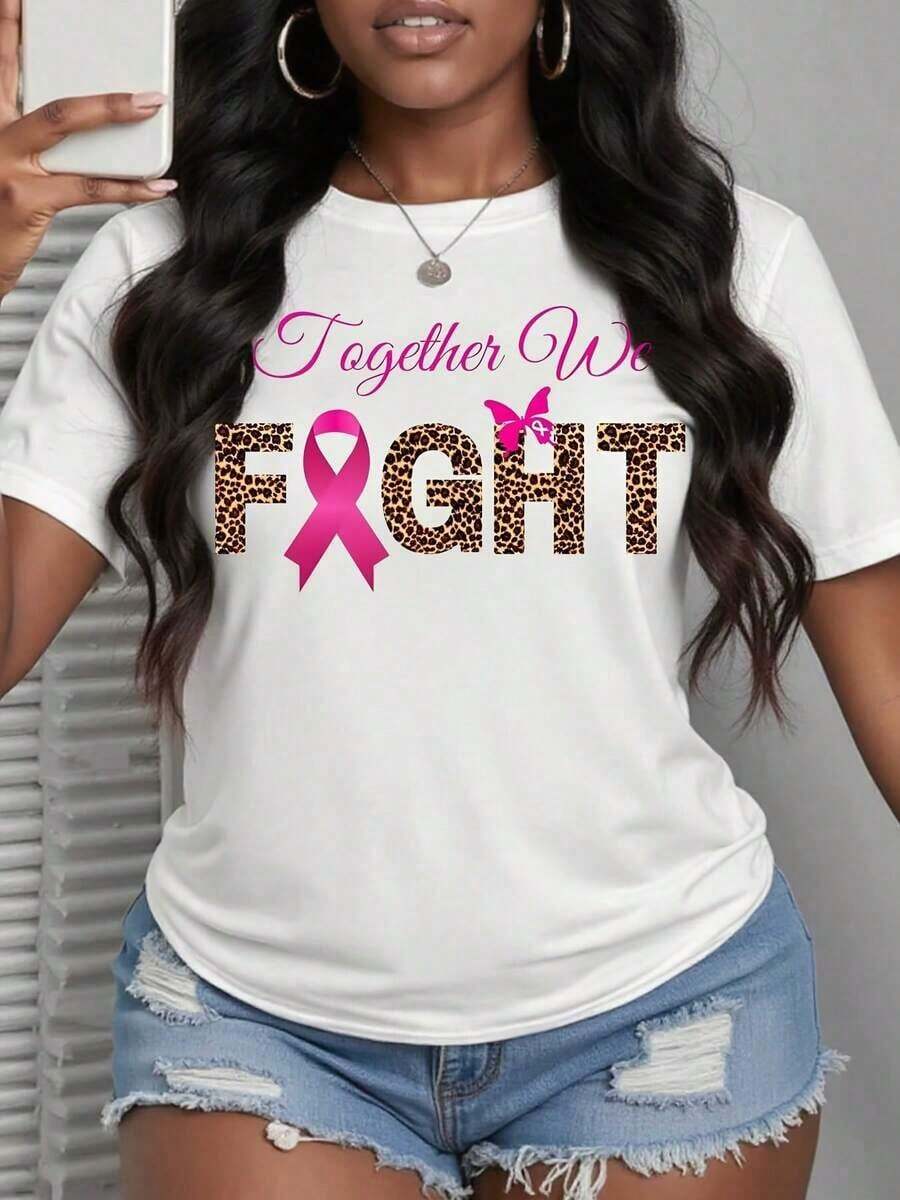 Women's Breast Cancer Awareness T-Shirt, Stylish Print Casual Activewear, Crew Neck, Stretch Polyester, Machine Washable, Jersey Fabric, Suitable For All Seasons. Loose-Fitting, Casual, And Versatile T-Shirt, Y2K Style. - 白色 - 查看 1