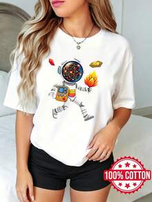 Camiseta de manga corta con cuello redondo y estampado para dama, verano casual Astronauta Con Cerebro Colorido Y Flor S-3XL 100% aodón material - Blanco - Ver 2