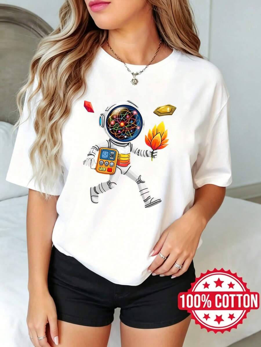 Camiseta de manga corta con cuello redondo y estampado para dama, verano casual Astronauta Con Cerebro Colorido Y Flor S-3XL 100% aodón material