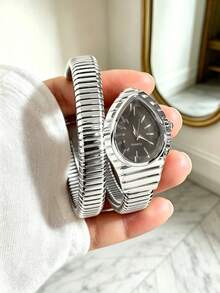 1pc Women's Minimalist Fashion Luxury Snake-Shaped Quartz Watch, Water Drop Oval Dial, Snake Bracelet Watch, Stainless Steel Elastic Band, Pointer Wristwatch, Fashion Snake Design Dress Watch, Suitable For Daily, Party And Evening Wear, Office Matching, Eid Gift, Birthday Gift - Black - View 4