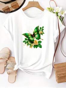 Women's T-Shirt With Green Butterfly Print, Short Sleeve T-Shirt, Round Neck Top For Women, Casual T-Shirt, Suitable For Daily Wear In Spring/Summer, Women's Clothing. - 白色 - 查看 6