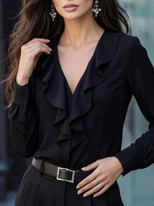 Women's Black V-Neck Ruffle Trim Long Sleeve Polyester Blouse, Regular Fit - Black - View 3