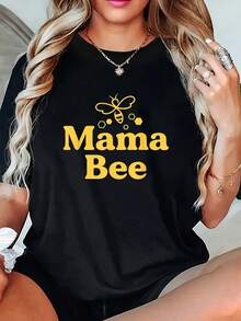 Camiseta casual de manga corta y cuello redondo con diseño estampado, perfecta para el verano y la primavera, diseñada para mujeres. - Negro - Ver 7