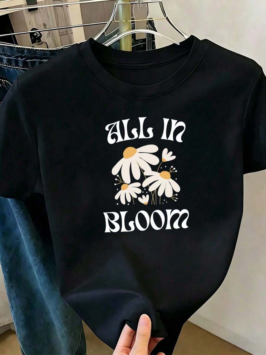Women's Black T-Shirt With Daisy Print And "All In Bloom" Phrase, Short Sleeve Round Neck, Inspirational Floral Casual Top, Comfortable Clothing For Everyday Wear And Spring, Regular Fit For Casual Outings - 黑色 - 查看 1