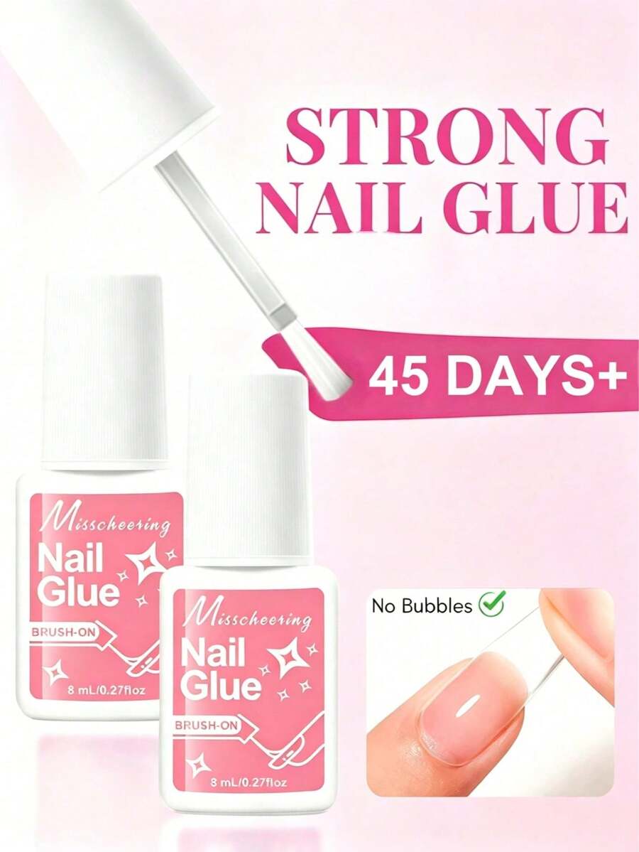 Misscheering 5pcs/3pcs/1pc Super Strong Brush-On Nail Glue For Acrylic Nails, Nail Tips And Press-On Fake Nails (8ml), Includes Sanding File For Glue Application And Broken Nail Repair. Acrylic Nail Glue, Nail Adhesive, Nail Glue Gel