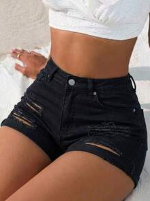 Women's Sexy Distressed Stretch Fitted Straight Leg Denim Shorts, Summer - Black - View 1