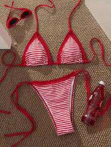 Conjunto de Bikini Retro a Cuadros y Lunares para Mujer, Atuendo Moderno Adecuado para Salidas, Vacaciones, Festivales de Música, Fiestas en la Piscina, Carnavales y Otras Ocasiones de Verano en la Playa - Rojo y blanco - Ver 3