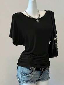 Camiseta casual de color marrón sólido para mujer, adecuada para primavera/verano - Negro 2 - Ver 6