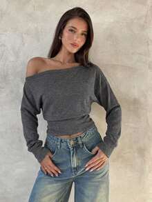 Top de manga larga asimétrico de hombro de punto de color albaricoque para mujer, otoño/invierno - Gris - Ver 1