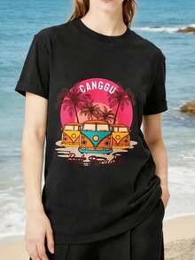Camiseta negra para mujer, estampada con un diseño vintage de una furgoneta de "Canggu Bali Paradise", 100% algodón puro, 180 gramos, resistente a la decoloración y lavable a máquina, estilo playero tropical, adecuada para vacaciones informales, fiestas y uso diario, camiseta cómoda y vanguardista 2026 - Esencial para un verano acogedor y elegancia casual. - Negro - Ver 7