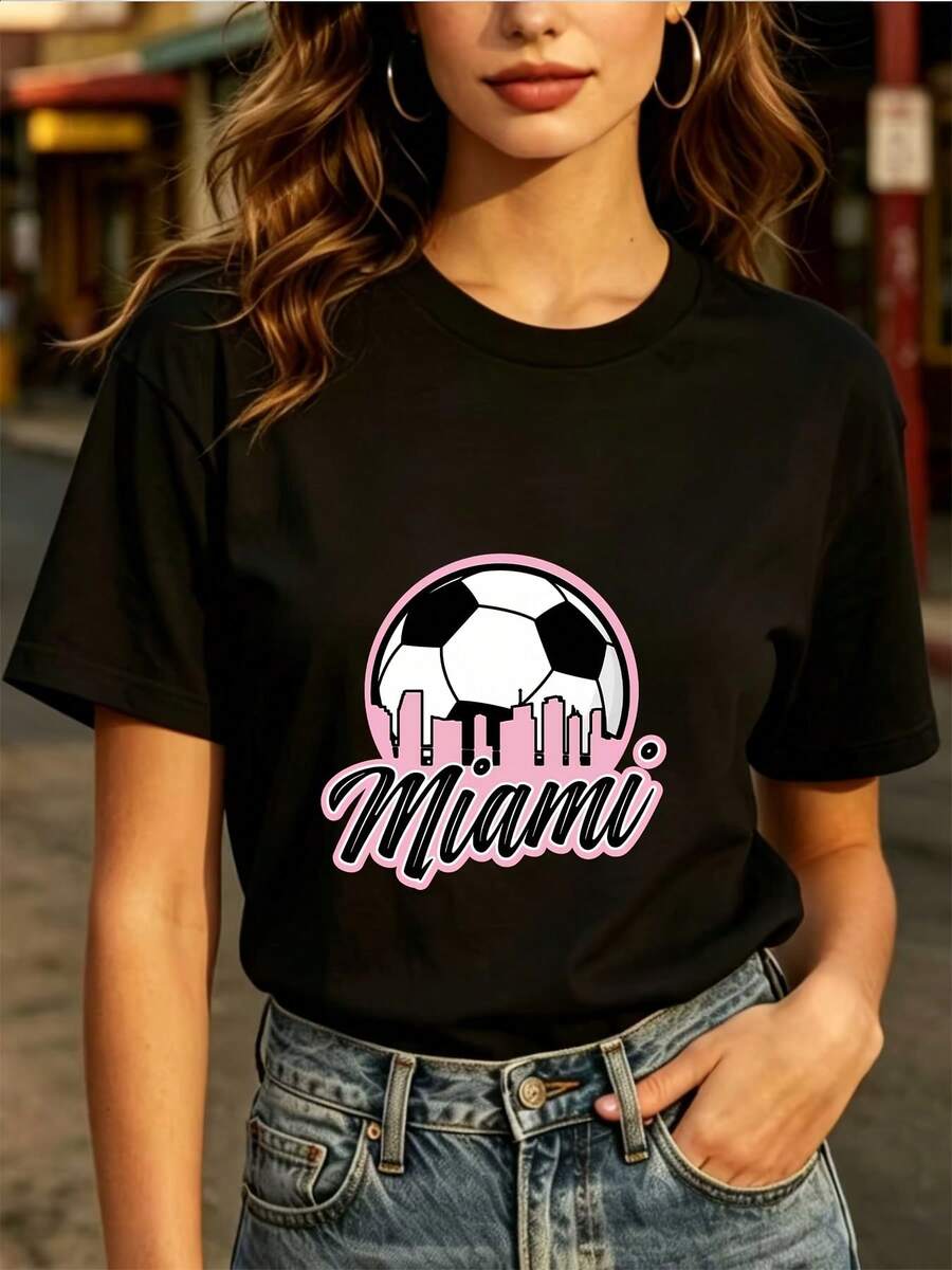 Elegante Camiseta con Estampado de Fútbol Americano de Miami 180G - Perfecta para salidas familiares, regalos navideños y actividades de team-building corporativas. TJMR - Negro - Ver 1