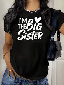 Camiseta casual de manga corta con estampado de hermana mayor y cuello redondo para mujer | uste cómodo, diseño clásico, suave, i parascua, Halloween, Acción de Gracias, Navidad y más - Negro - Ver 2