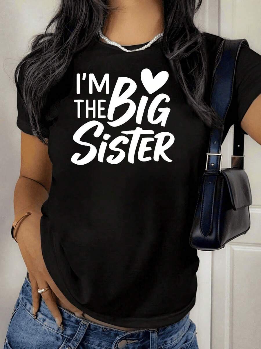Camiseta casual de manga corta con estampado de hermana mayor y cuello redondo para mujer | uste cómodo, diseño clásico, suave, i parascua, Halloween, Acción de Gracias, Navidad y más
