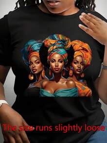 Camiseta Gráfica para Mujer - Con un Diseño |   Retrato Brillante de un Afroamericano |   Manga corta, cuello redondo, hecha de tela suave, lavable a máquina, perfecta para primavera y verano, ideal para uso diario. Camiseta de algodón. - Negro - Ver 8
