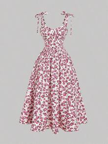 Vestido de verano de mujer con tirantes anudados y estampado floral romántico - Burdeos - Ver 1