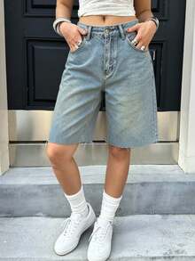Pantalones cortos vaqueros tipo bermuda con bolsillos en ángulo, flecos en el bajo y pierna ancha, estilo retro Y2K, shorts casuales de verano - Azul - Ver 5