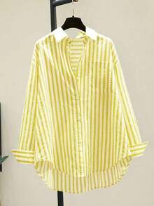Camisa de manga larga casual con bolsillo en el pecho y estampado de rayas para mujeres, otoño e invierno - Amarillo - Ver 1