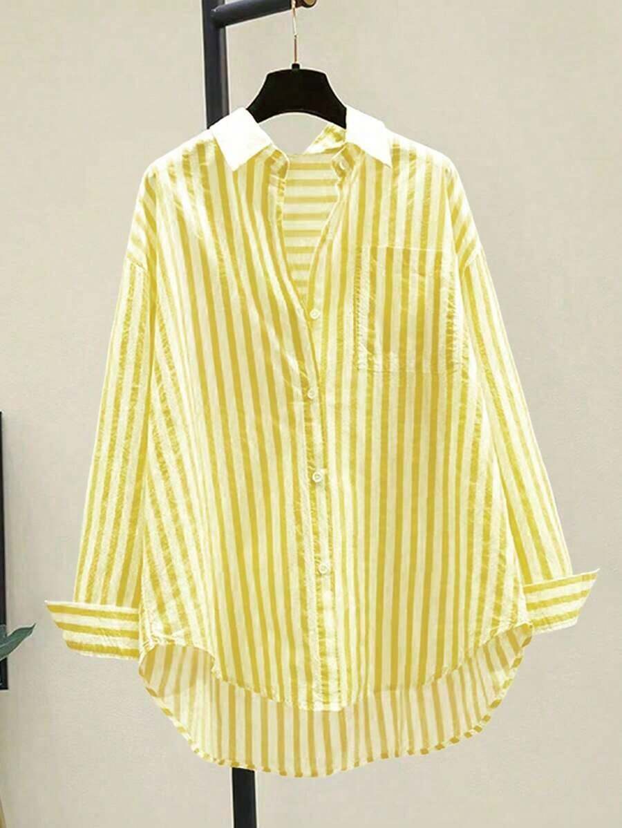 Camisa de manga larga casual con bolsillo en el pecho y estampado de rayas para mujeres, otoño e invierno - Amarillo - Ver 1