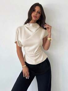 Blusa de bambú y lino con cuello arrugado, mangas asimétricas, plisado lateral y cintura ceñida, para uso diario, color albaricoque, para todas las estaciones - Beis - Ver 8