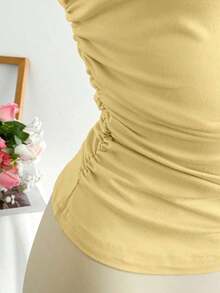 Top corto plisado de un hombro en color albaricoque, ropa de trabajo elegante, de estilo minimalista y casual para mujer, adecuado para primavera/verano - Amarillo - Ver 7