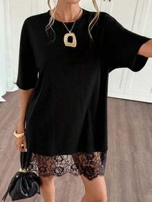 Vestido corto de verano de mujer con cuello redondo, mangas cortas de hombros caídos, parches de encaje y diseño holgado de un solo color - Negro - Ver 6