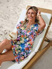 Vestido corto minimalista casual con cuello en V, adecuado para primavera y verano, ropa de verano para mujer, a rayas de colores, ropa de resort para mujer - Multicolor 2 - Ver 4