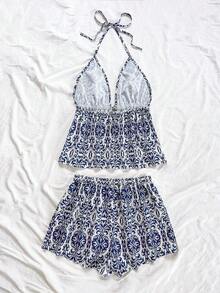 Conjunto de 2 piezas de vacaciones para mujer, top de tirantes con escote en V con textura rojo y shorts sueltos extremadamente cortos, adecuado para citas, fiestas y paseos por la ciudad - Azul y blanco 3 - Ver 2