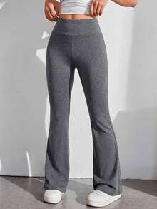 Pantalones con cintura alta de color liso y corte acampanado - Gris - Ver 7