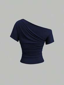 Nueva camiseta casual de primavera/verano para mujer, de estilo elegante y chic de la calle, con hombro asimétrico, ajuste delgado, deportiva, versátil y cómoda - Azul marino - Ver 3