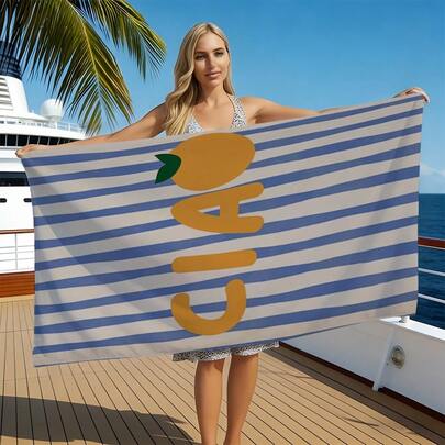 Blue & White Striped CIAO Lemon Print Ultra-Fine Fiber Quick-Dry Beach Towel, Absorbent & Fast Drying, No Shedding, Suitable For Beach, Swimming, Fitness, Camping, Travel