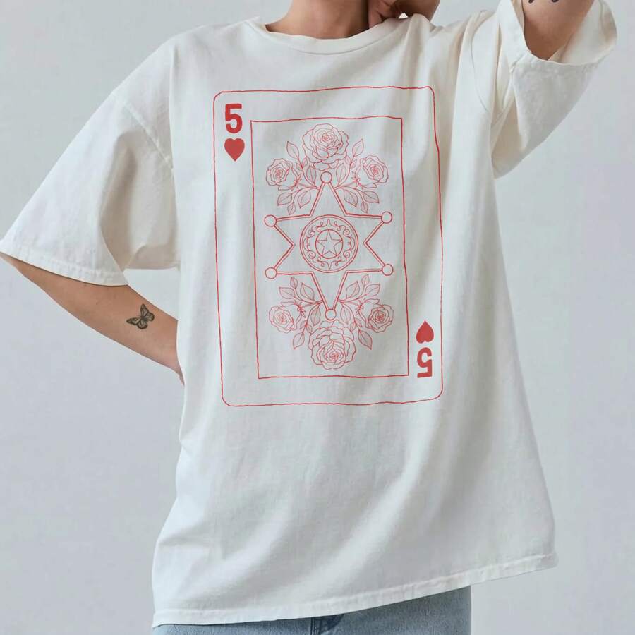 1 Piece 180g Women's T-Shirt, Men's Casual Cotton Crew Neck T-Shirt. Women's Sports T-Shirt. Designed By Y2K Artists In The Bababask Style, Made From 100% Pure Cotton. Vintage Playing Card Design With Roses, Classic Style, Comfortable Short Sleeves. - 白色4 - 查看 1