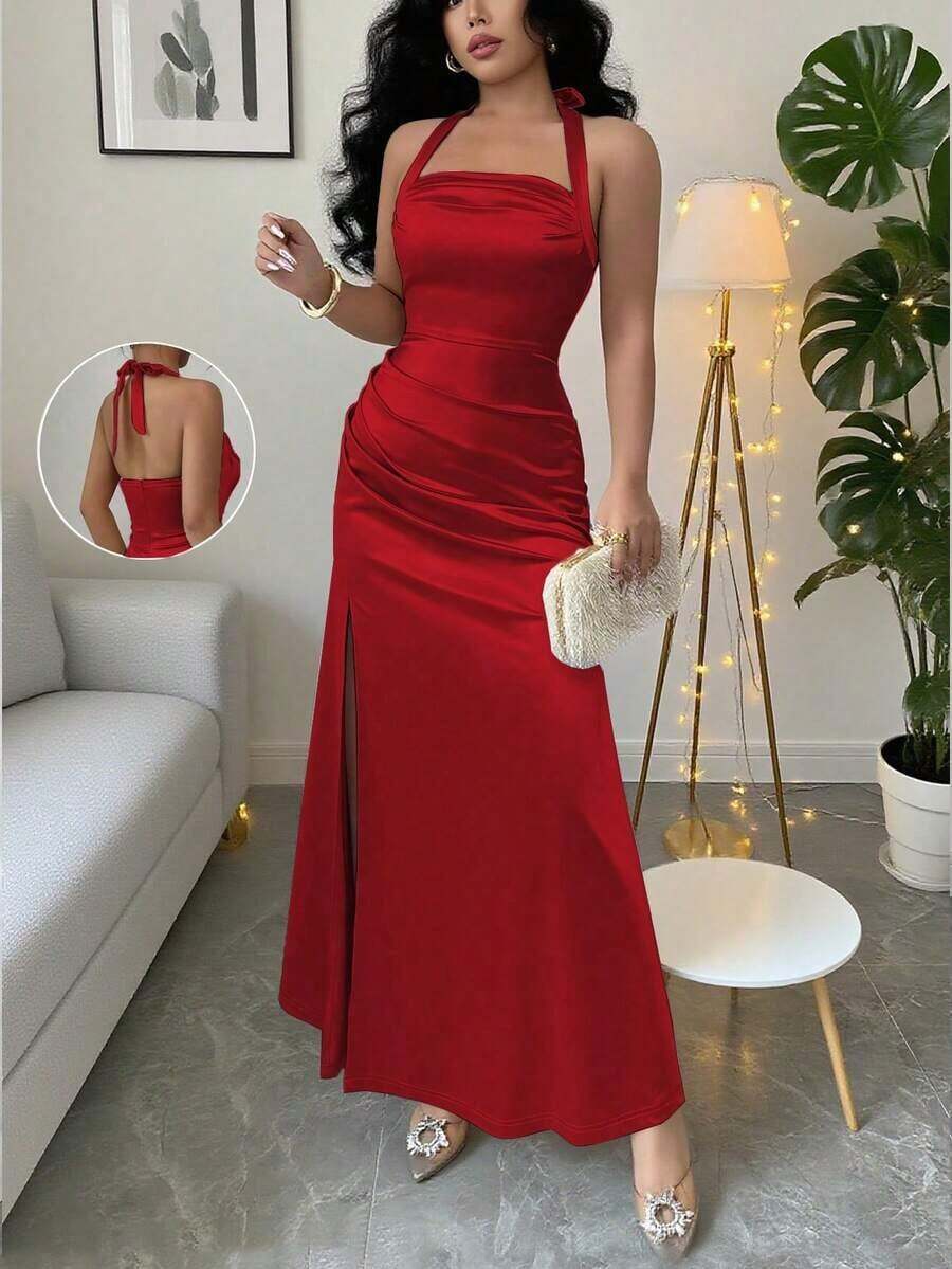 Vestido camisero elegante de color champagne, con tela de satén elástica y abertura lateral de largo maxi - Rojo fuego - Ver 1