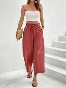 Pantalones casuales de mujer con cintura con cordón a cuadros - Color caoba - Ver 3